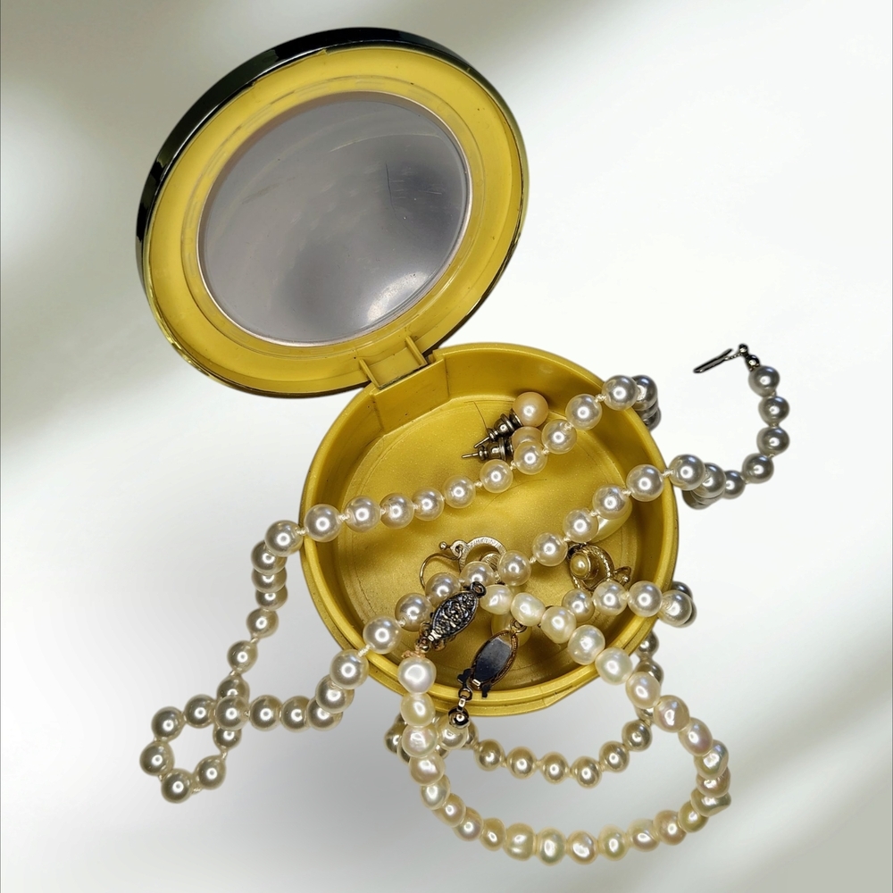 Vintage Faux Pearl Jewelry Set - Necklace & Earring Set in Round Yellow Case